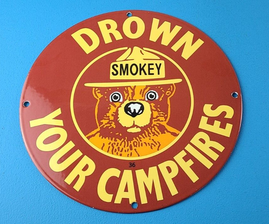 Vintage Forest Service Sign - Smokey the Bear Camping Hiking Gas Porcelain Sign