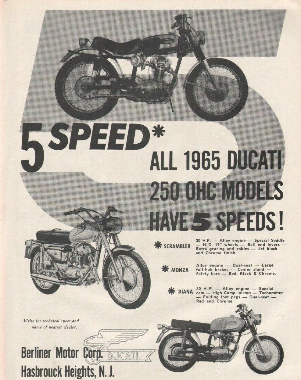 1965 Ducati 250 OHC 5-Speed - Vintage Motorcycle Ad