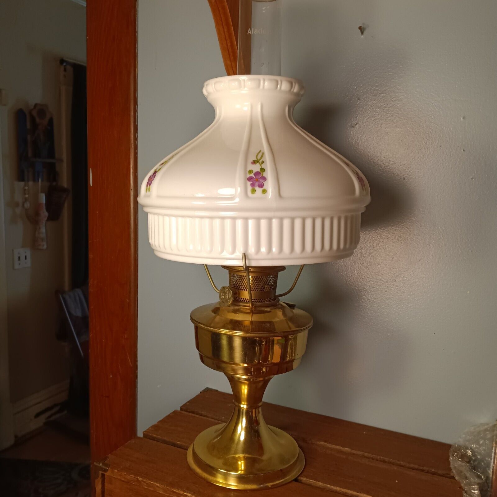 Vintage Aladdin Brass Oil Lamp, Large White Glass Shade, Purple Flowers, No. 23