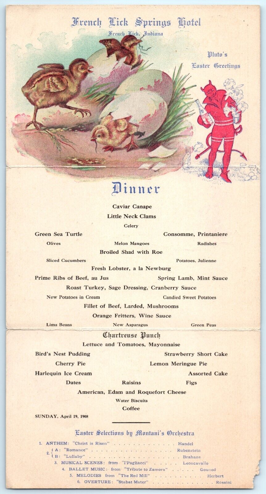 POSTCARD 3 Panel Fold French Lick Springs Hotel Menu Indiana c1908 Easter Dinner