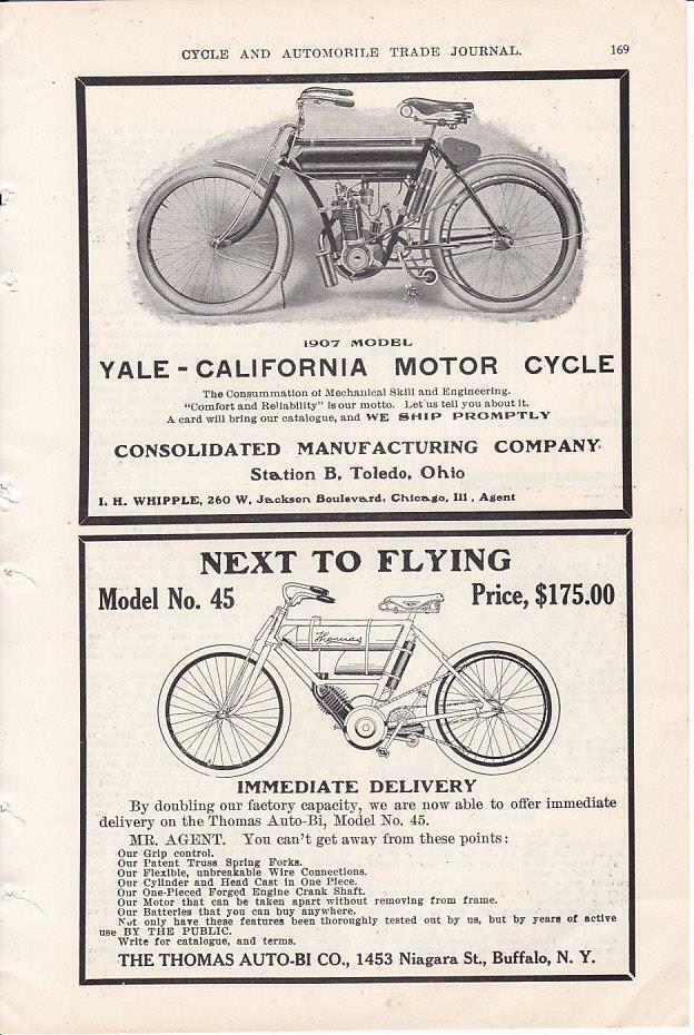 1907 Yale-California Motorcycle Ad / Thomas Auto-Bi Motorcycle Model 45 Ad