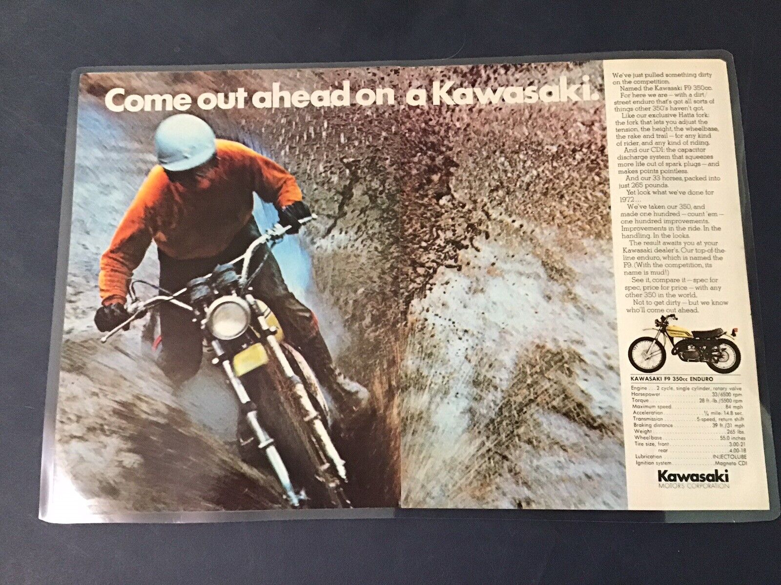 Vintage 1972 Kawasaki F9 350 Bighorn Enduro 11x17 laminated original ad