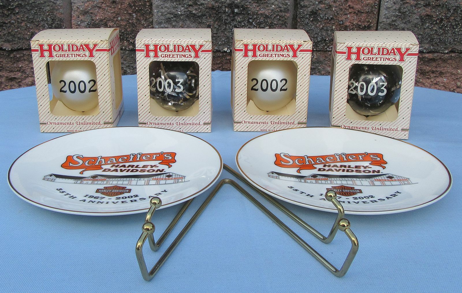 Vintage 2002 2003 Schaeffer's Harley Davidson Ornaments &35th Anniversary Plates