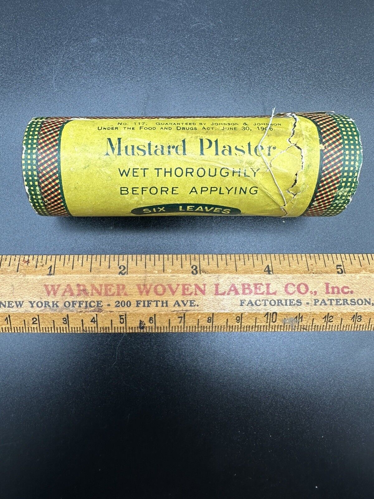 Johnson & Johnson Cloth Mustard Plaster Tube w/6 Leaves Unused 1906 Paper Label