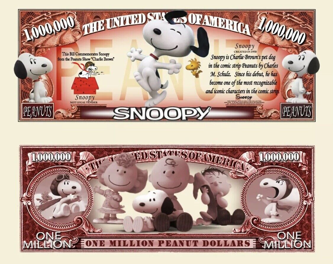 50 Pack Snoopy Peanuts Funny Money 1 Million Dollar Bills Collectible Novelty