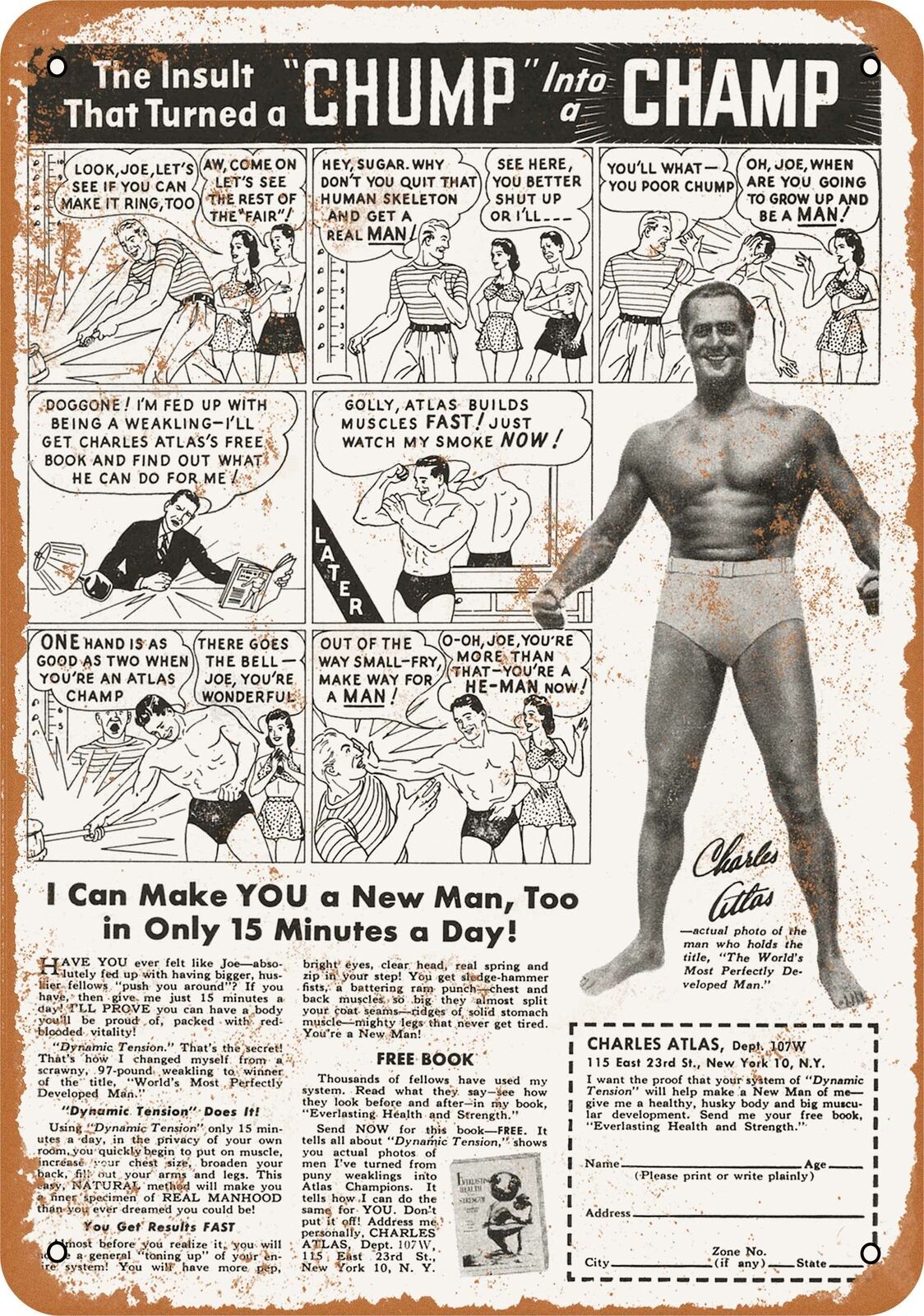 Metal Sign - 1949 Charles Atlas Muscles - Vintage Look Reproduction