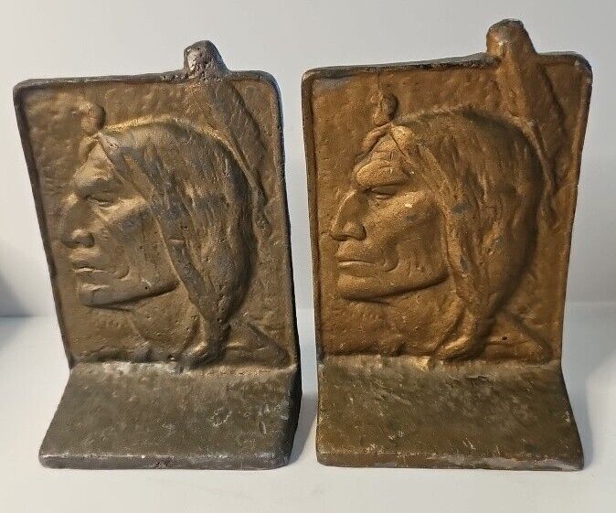 2 Antique Metal Bookend Native American Indian w/ One Feather in Relief 2 F