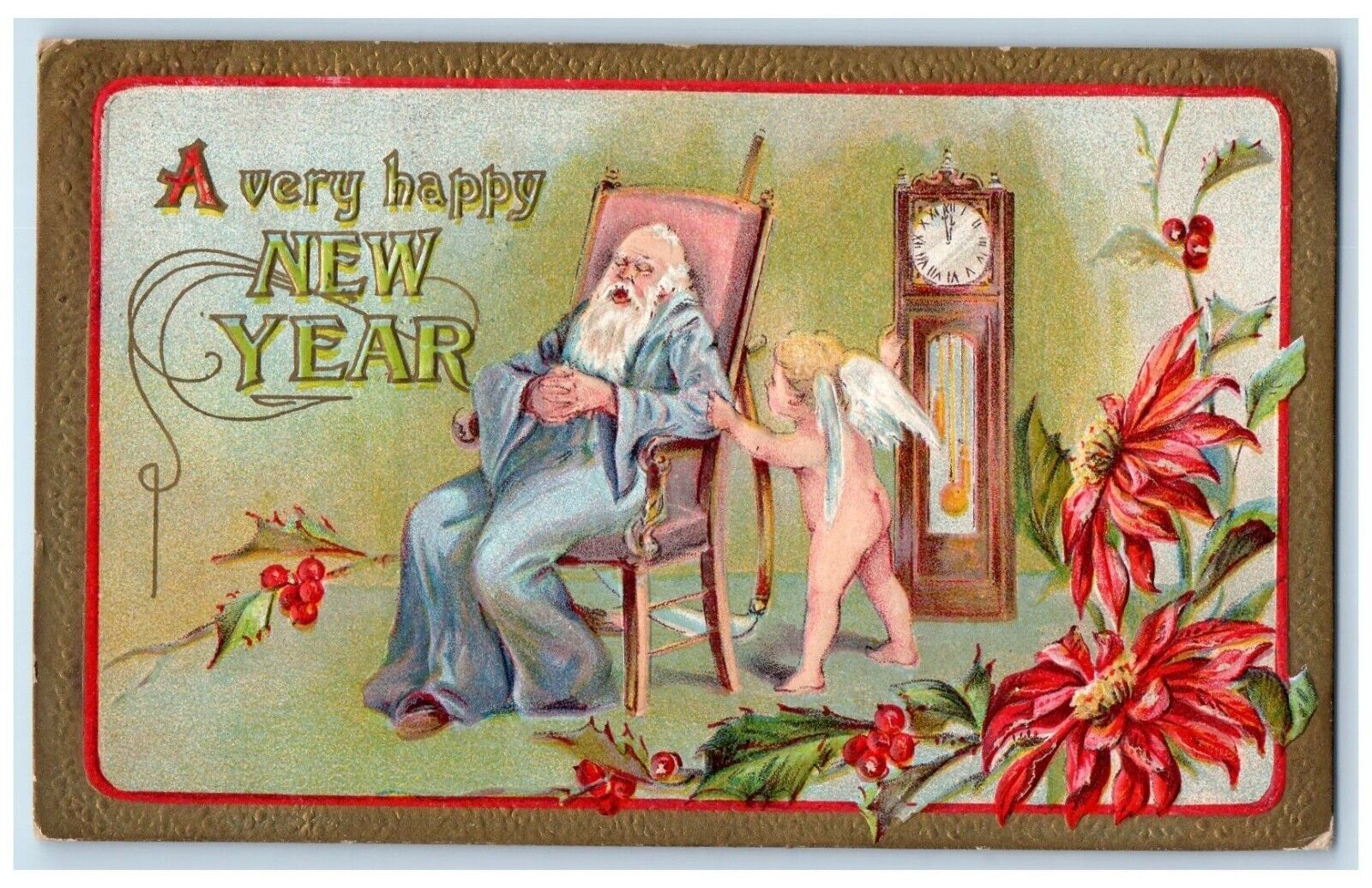 1910 New Year Angel Waking up Old Man Sleeping Pointessia Flowers Postcard