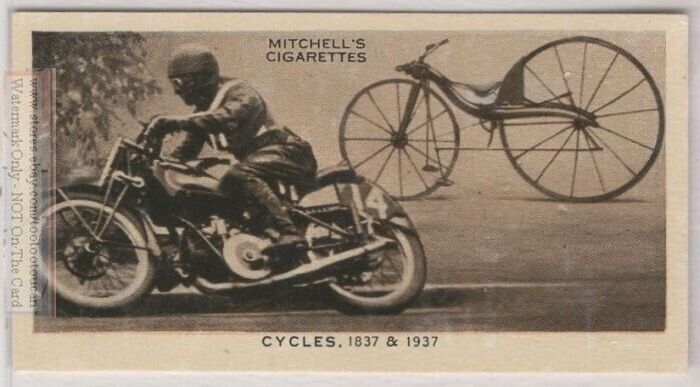 Comparing 1837 Macmillan's Bicycle And 1937 Modern Motorcycle 80 Y/O Trade Card