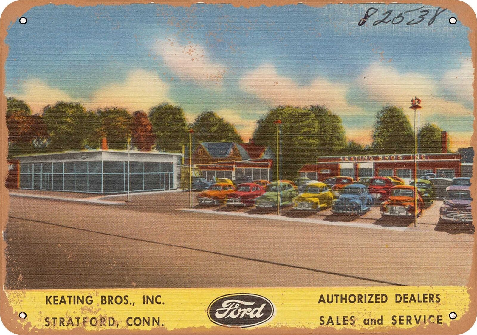 Metal Sign - Connecticut Postcard - Keating Bros., Inc., Stratford, Conn. Ford