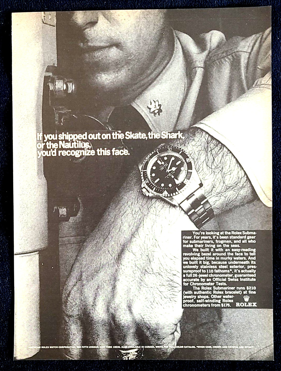 Rolex Submariner Watch Navy Submarine Original 1966 Vintage Print Ad