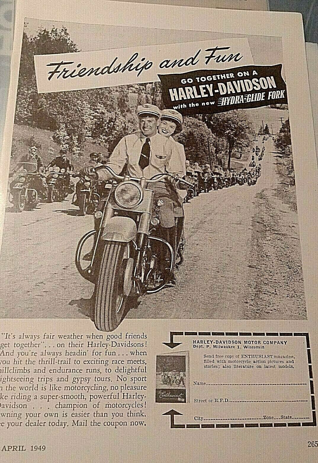 Harley-Davidson Motorcycles *Friendship and Fun* 1949 Vintage magazine Print Ad