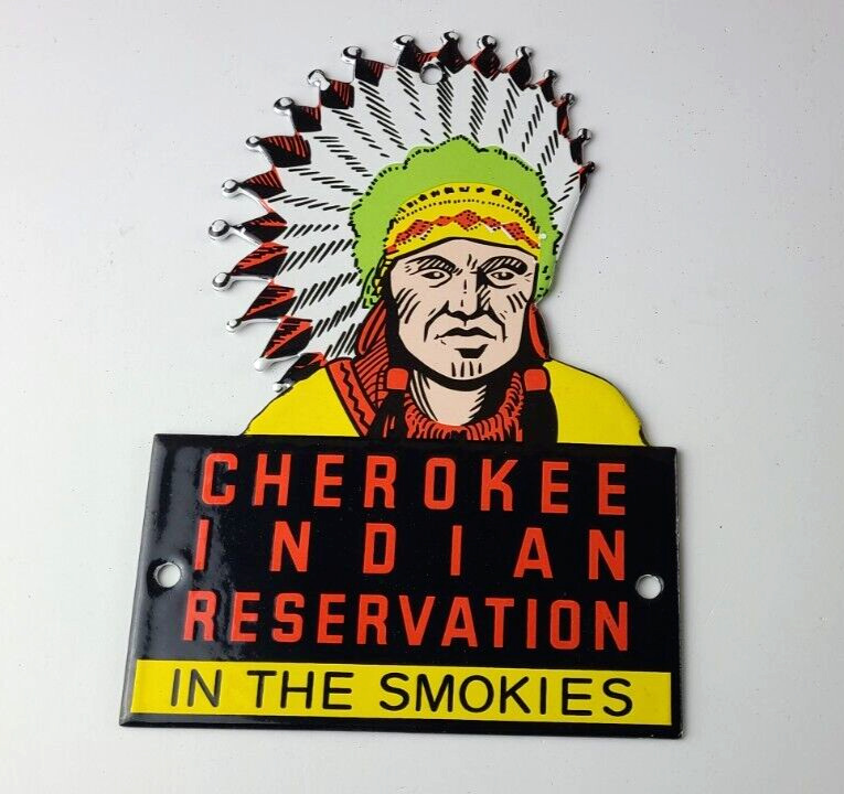 Vintage Cherokee Indian Porcelain Sign - Native American Gas Pump Sign - Smokies