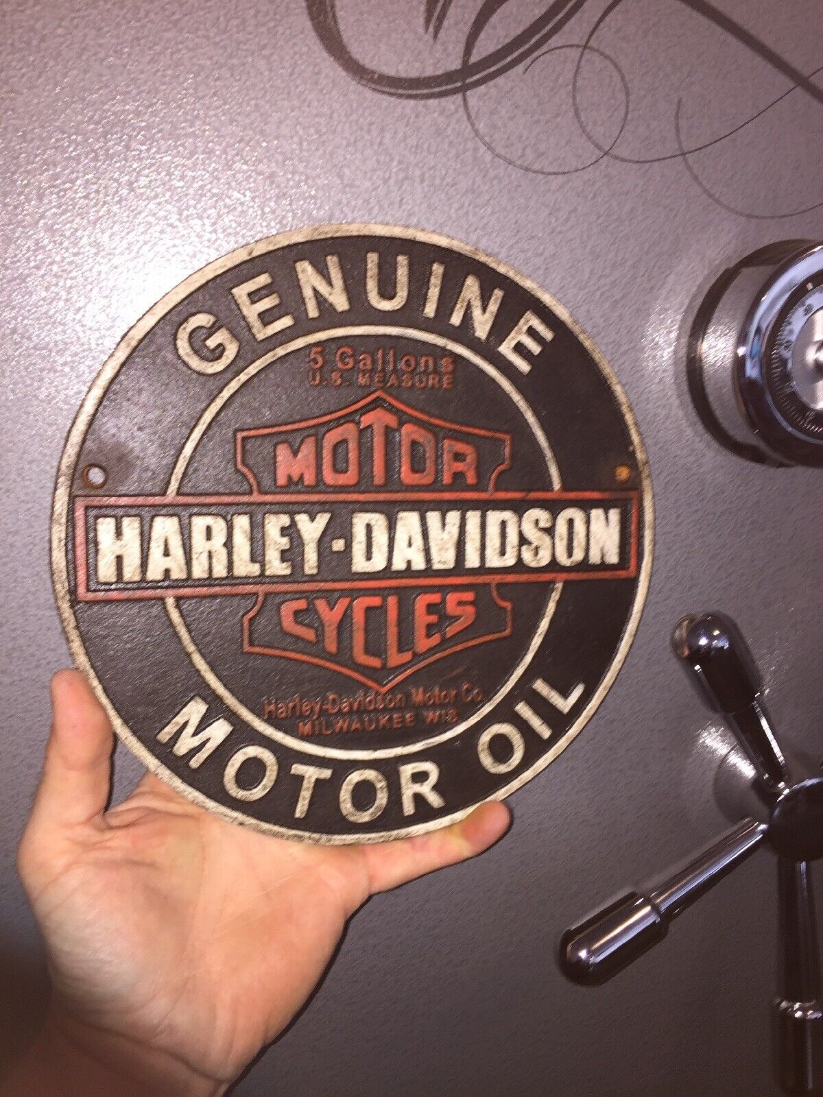Harley Davidson Plaque Sign Motorcycle Collector Mechanic Cast Iron 9” Patina