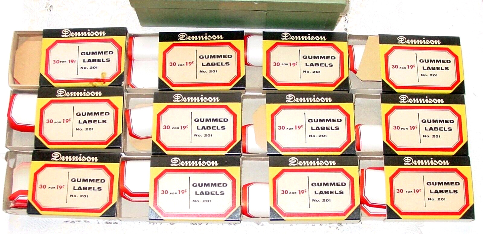 Vintage Dennison Gummed Red Border Labels 12 Boxes #201 Full Retail Case USA NOS