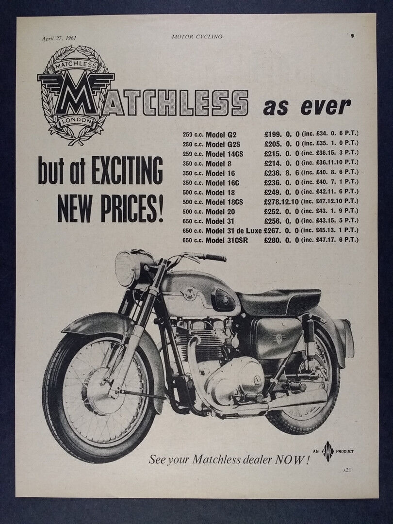 1961 Matchless 250 350 500 650 Motorcycles vintage print Ad