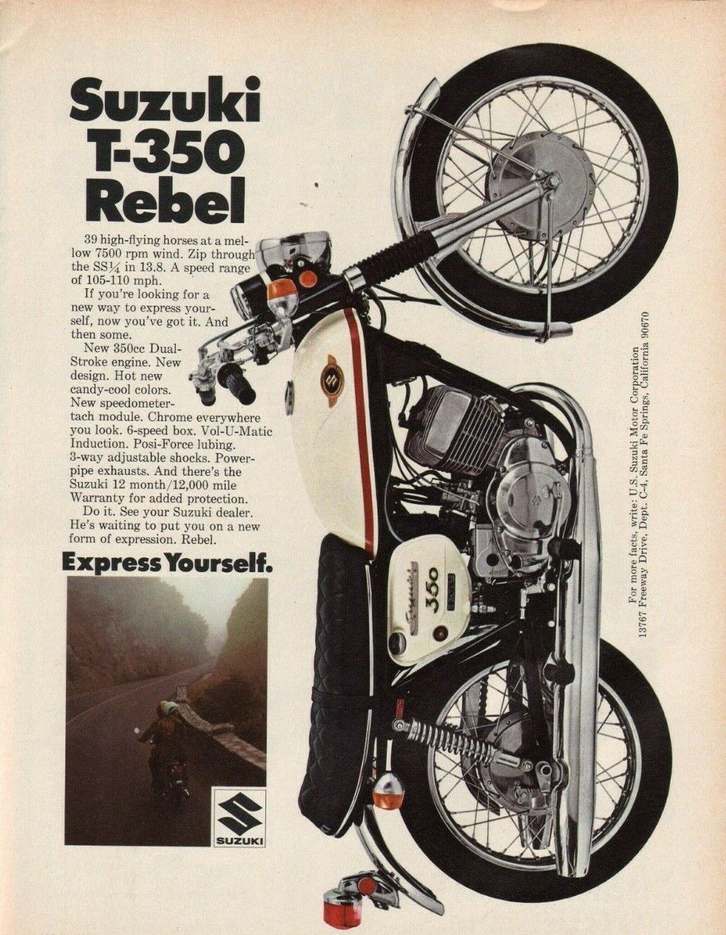 1969 Suzuki T-350 Rebel - Vintage Motorcycle Ad