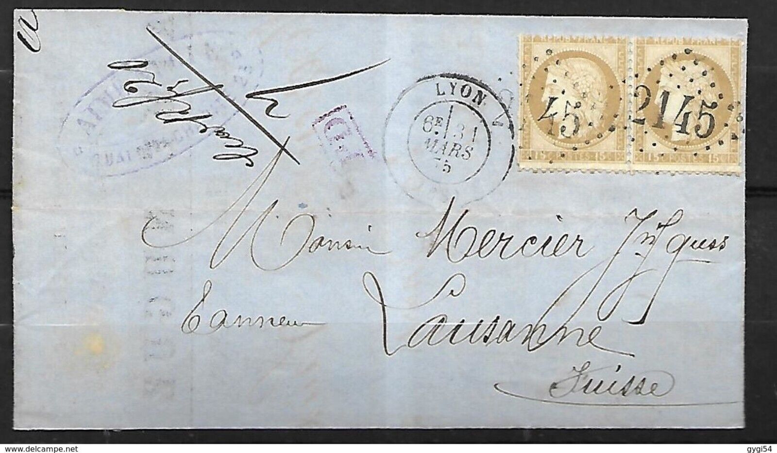 France Mars 1875 cat yt n° 59 IN PAIR ON LETTER Lyon to Lausanne Switzerland