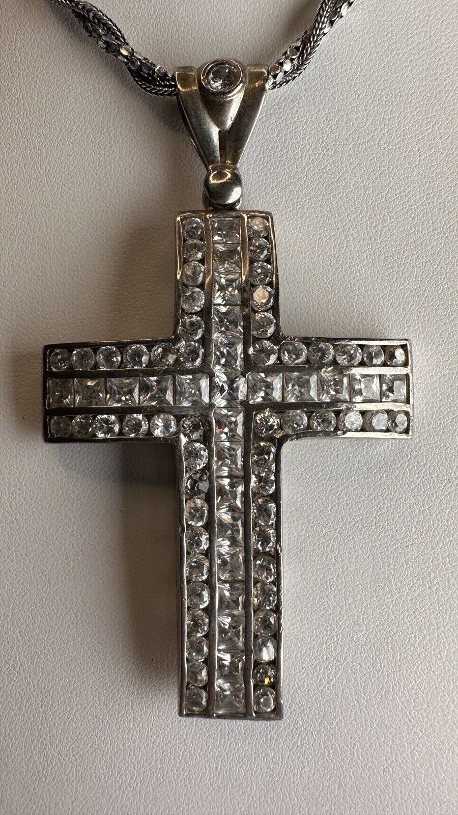 Cross Large CZ Pave Crystal Sterling Silver 925 Necklace Tested Vintage