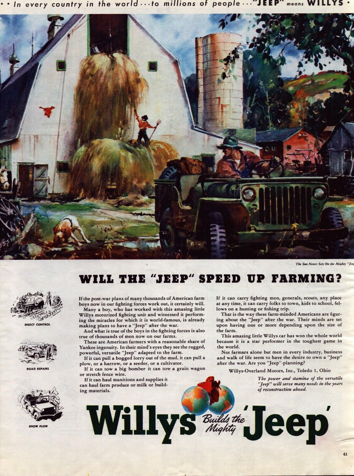 1944 Willys Jeep WWII Print Ad Speeding Up Farming Postwar Planning  Barn Horse