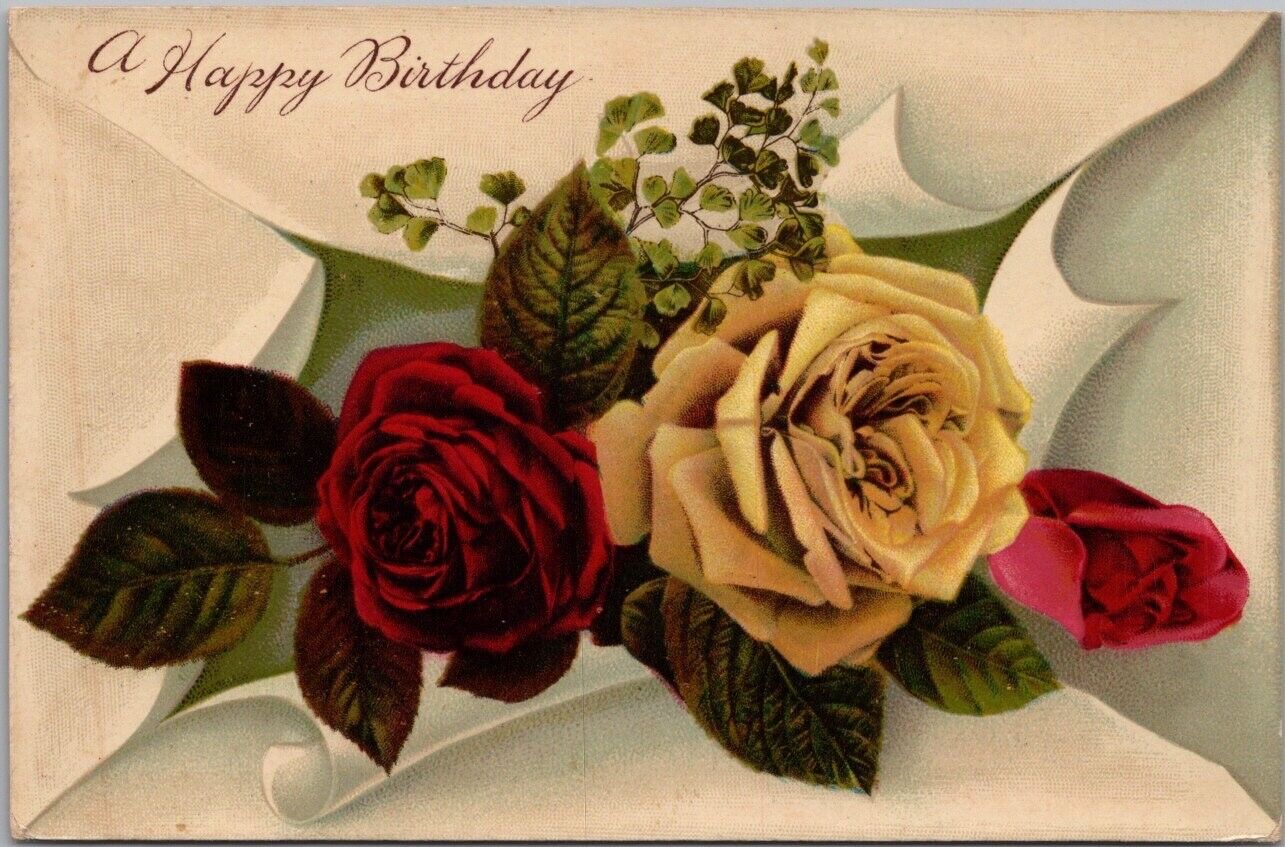 Vintage HAPPY BIRTHDAY Greetings GEL Postcard Red & Yellow Roses / Dated 1911