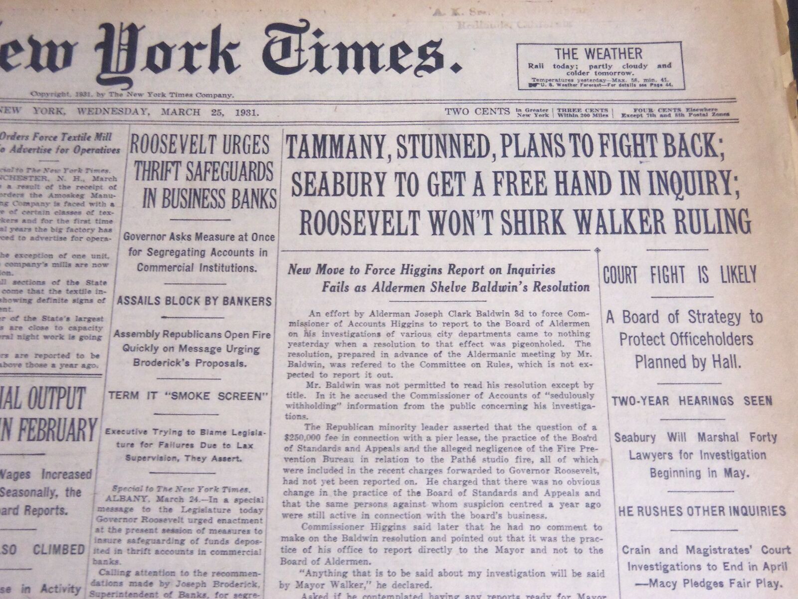 1931 MARCH 25 NEW YORK TIMES - TAMMANY STUNNED SEABURY TO GET FREE HAND- NT 6670