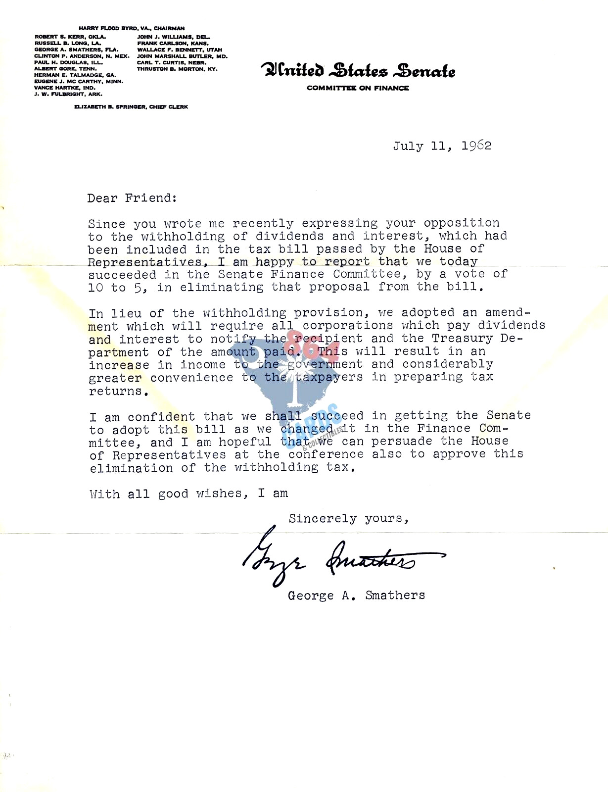 1961 George Smathers Florida US Senate hand signed constituent taxes letter