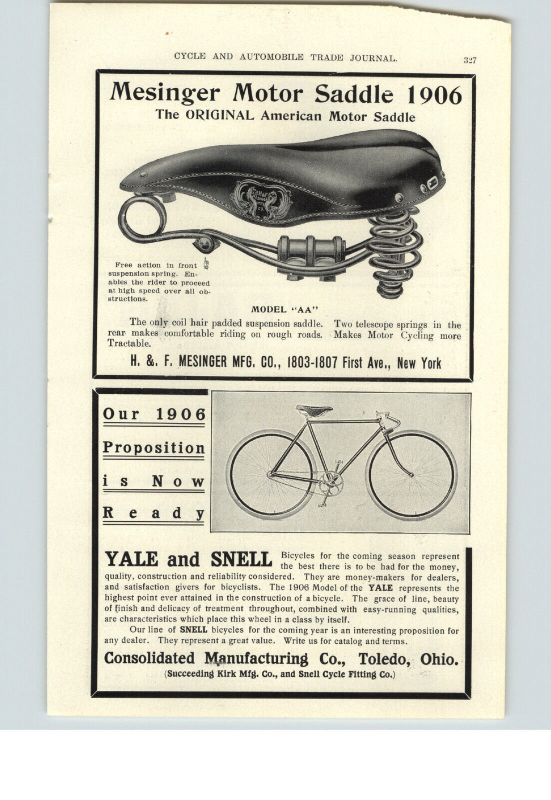 1905 PAPER AD Mesinger Motorcycle Bicycle Saddle Seat Yale & Snell Toledo