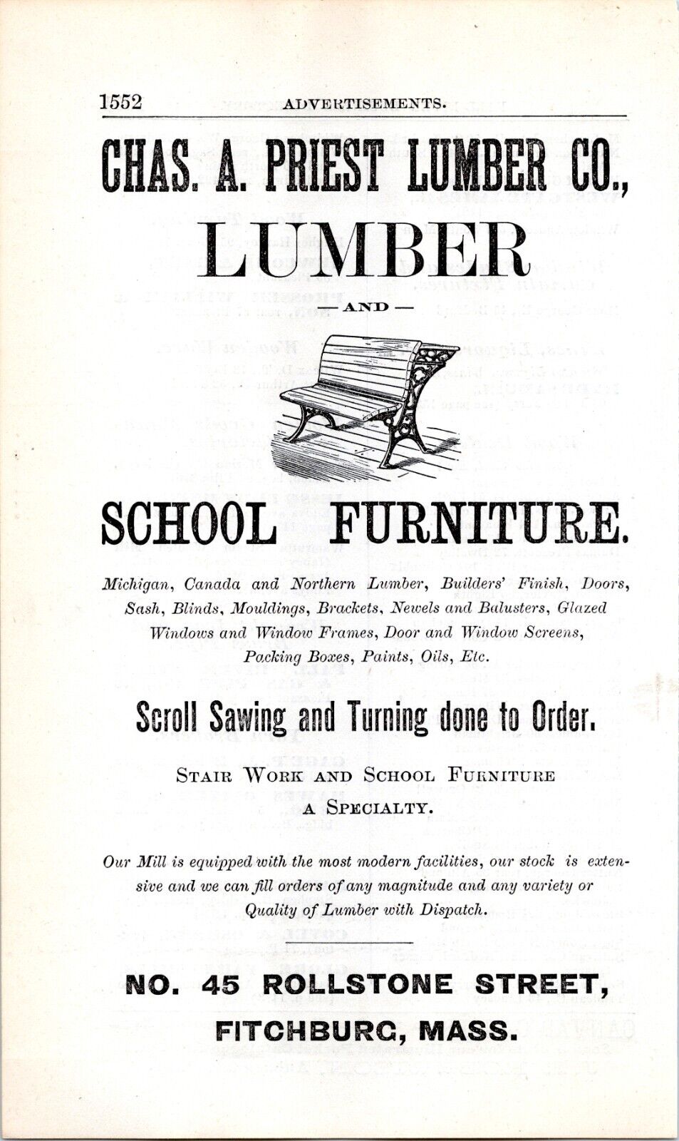 1889 Print Ad - Charles A Priest Lumber Company, Fitchburg Massachusetts