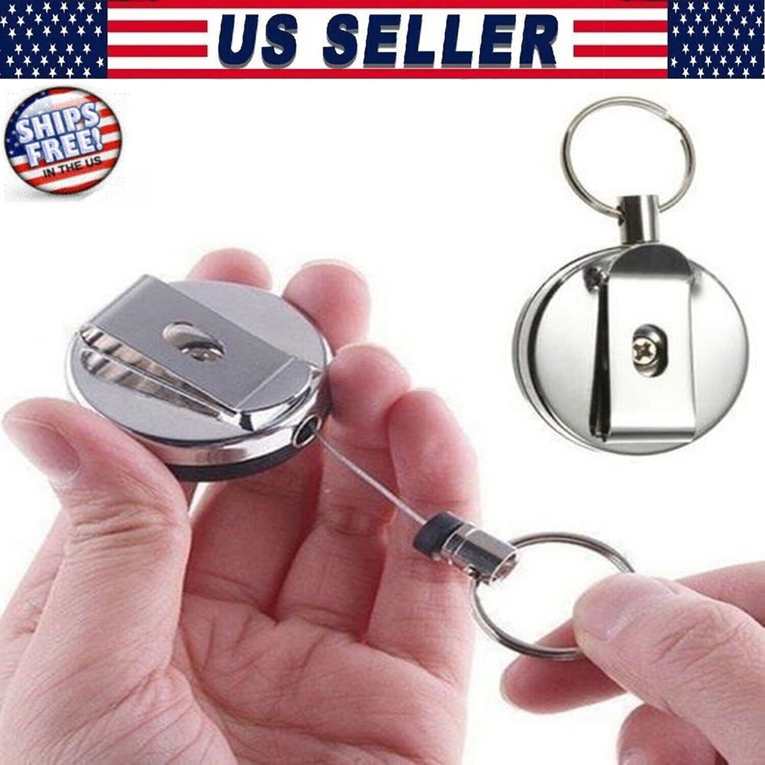 1 Recoil Key Ring Retractable Chain ID Pull Holder Reel Belt Clip Extend Keyring