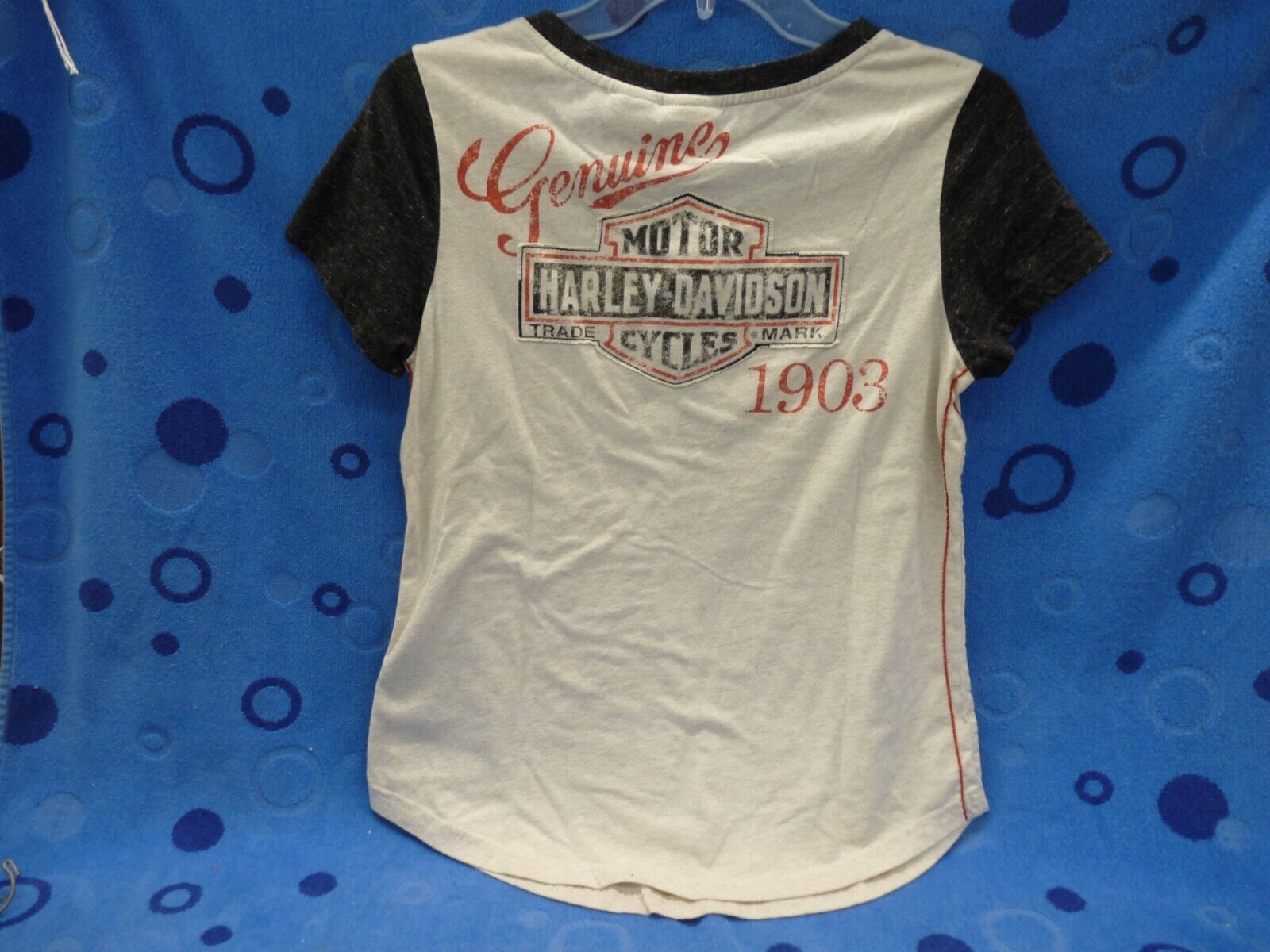 Harley Davidson Womens Graphic White Henley T-Shirt Black Sleeves Harley LOGO