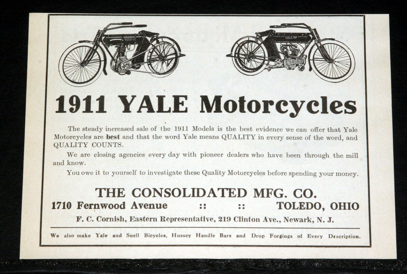 1911 OLD MAGAZINE PRINT AD, THE 1911 YALE MOTORCYCLES, QUALITY IN EVERY SENSE