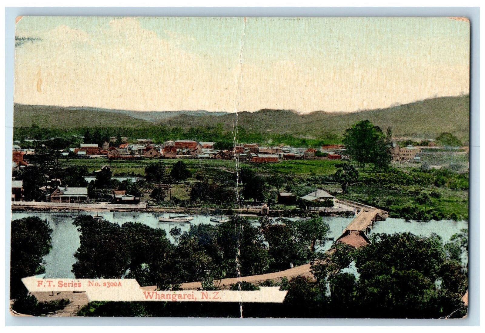 1909 Aerial View of Bridge River Houses Boats Whangarei New Zealand Postcard