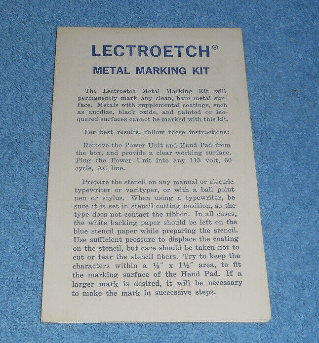 Vintage Lectroetch Metal Marking Kit Instructions Only