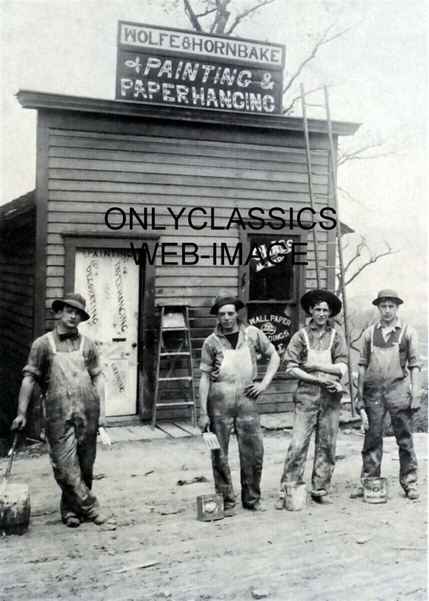 1910 PAINTING & PAPER HANGING BUILDING SIGN WORK CREW PAINTERS PHOTO AMERICANA