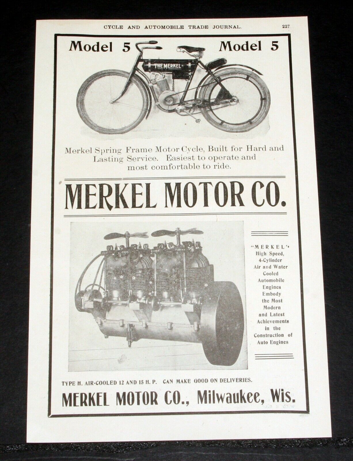 1905 OLD MAGAZINE PRINT AD, MERKEL MODEL 5 MOTOR CYCLE AND AUTOMOBILE MOTORS