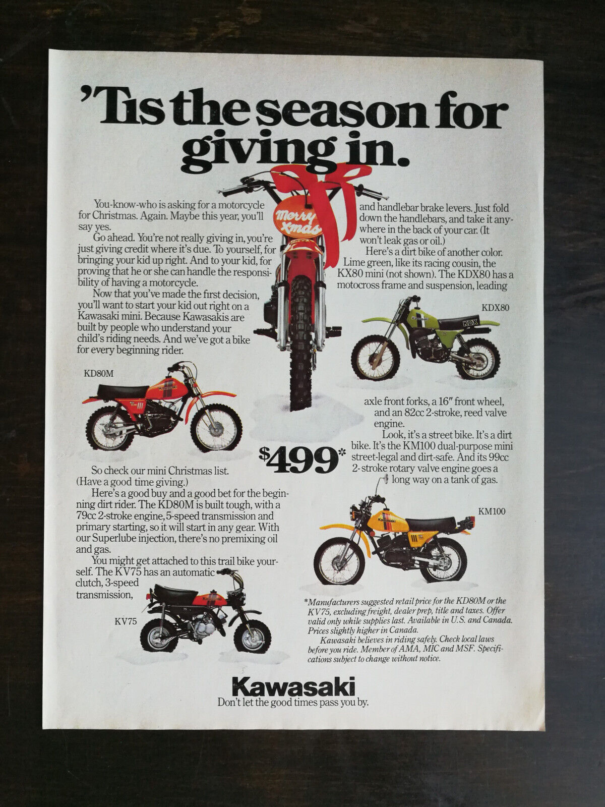 Vintage 1978 Kawasaki KD80M KDX80 KV75 KM100 Motorcycle Full Page Original Ad