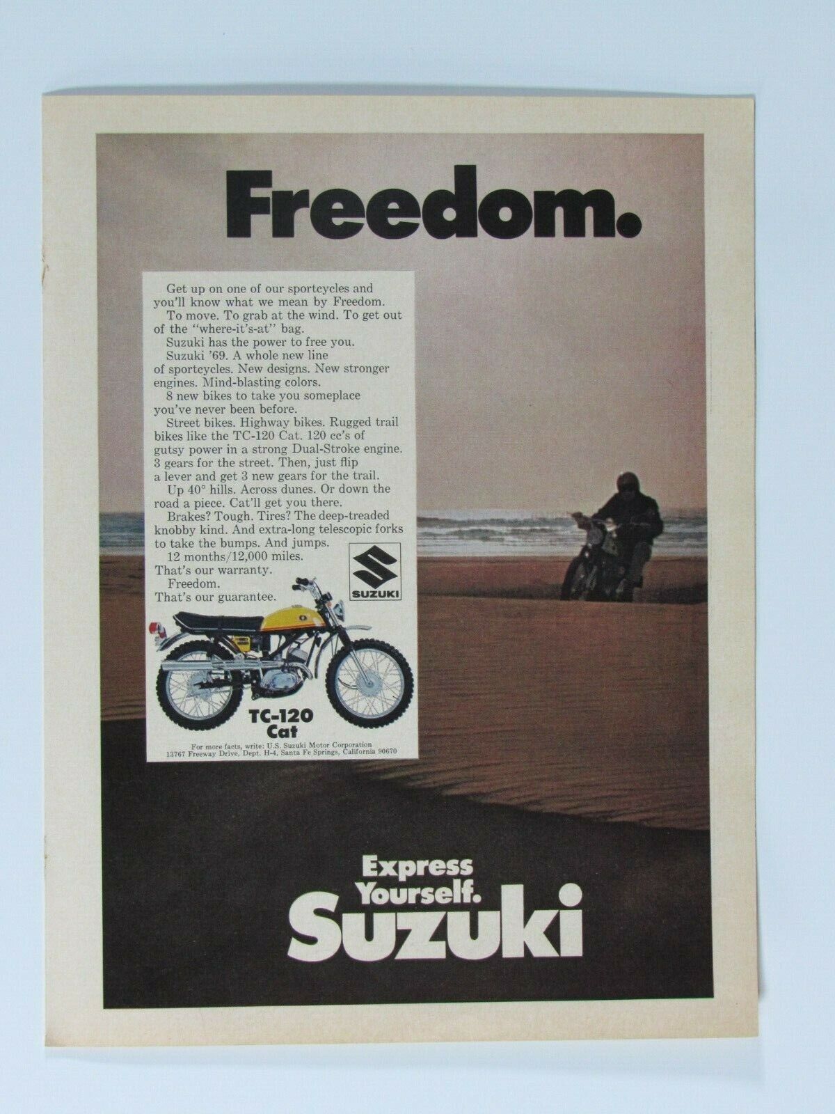 1969 Suzuki TS 120 Cat Freedom Vintage Original Print Ad 8.5 x 11\