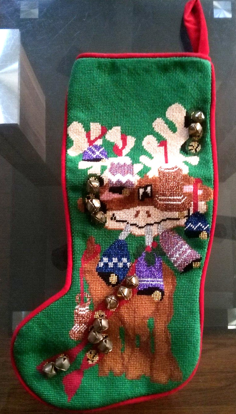 Vintage Christmas Reindeer Sock Stocking with Bells Green Red Holidays