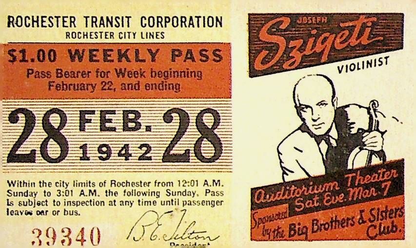 Rochester City Trolley & Bus Lines Pass February 28 1942 Joseph Szigeti Violin