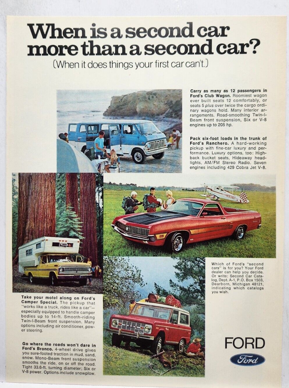 1970 Ford Bronco Ranchero Club Wagon Camper Special Print Ad Man Cave Art Deco