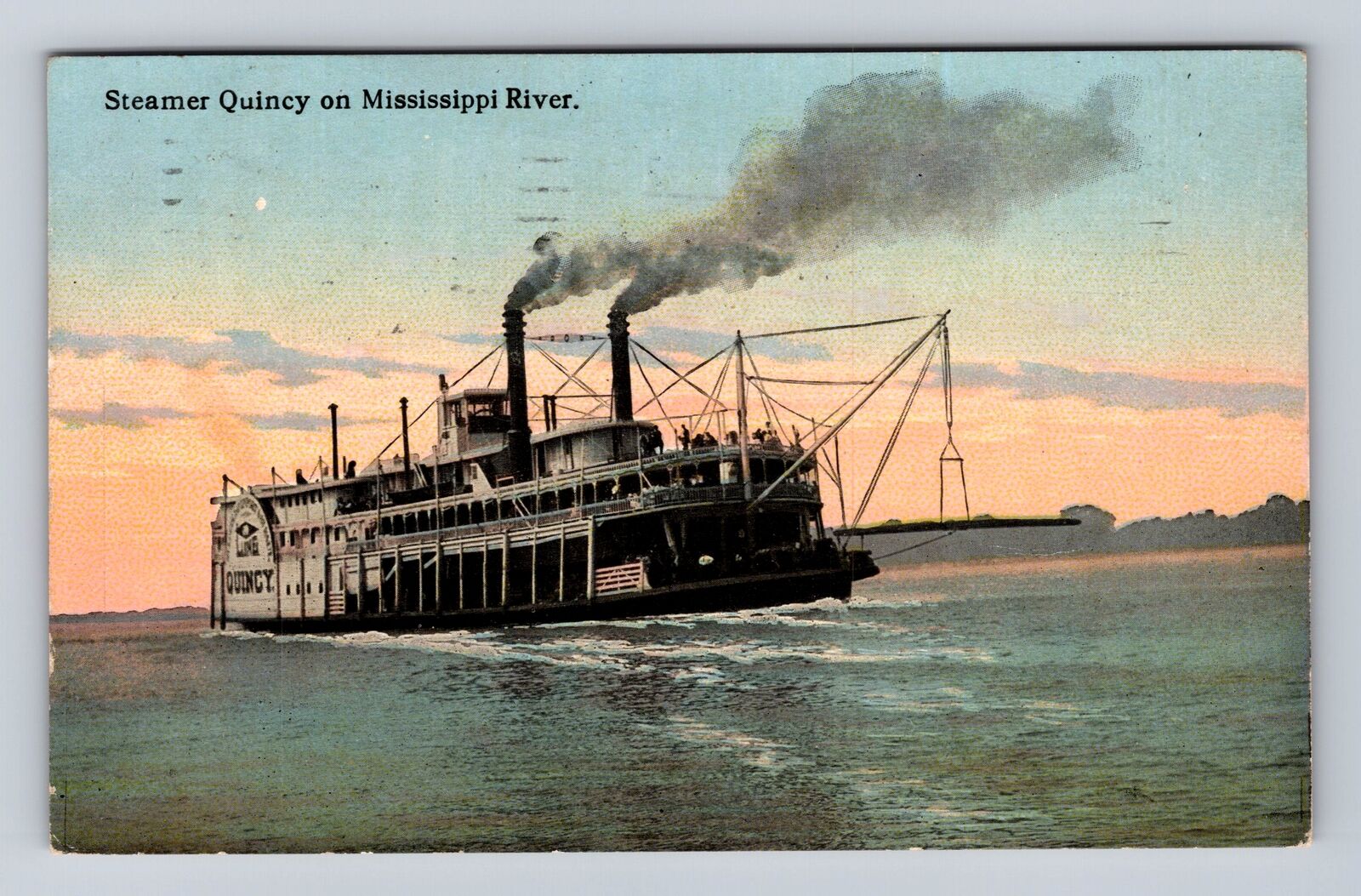 Steamer Quincy On Mississippi River, Ship, Transportation Vintage c1915 Postcard
