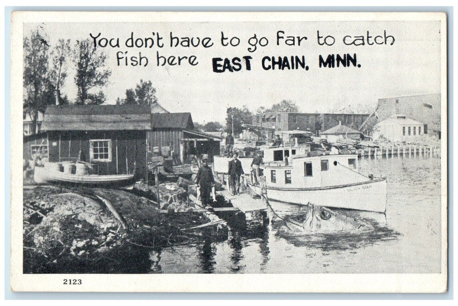 c1910 You Don\'t Have Go Far Catch Fish East Chain Minnesota Exaggerated Postcard