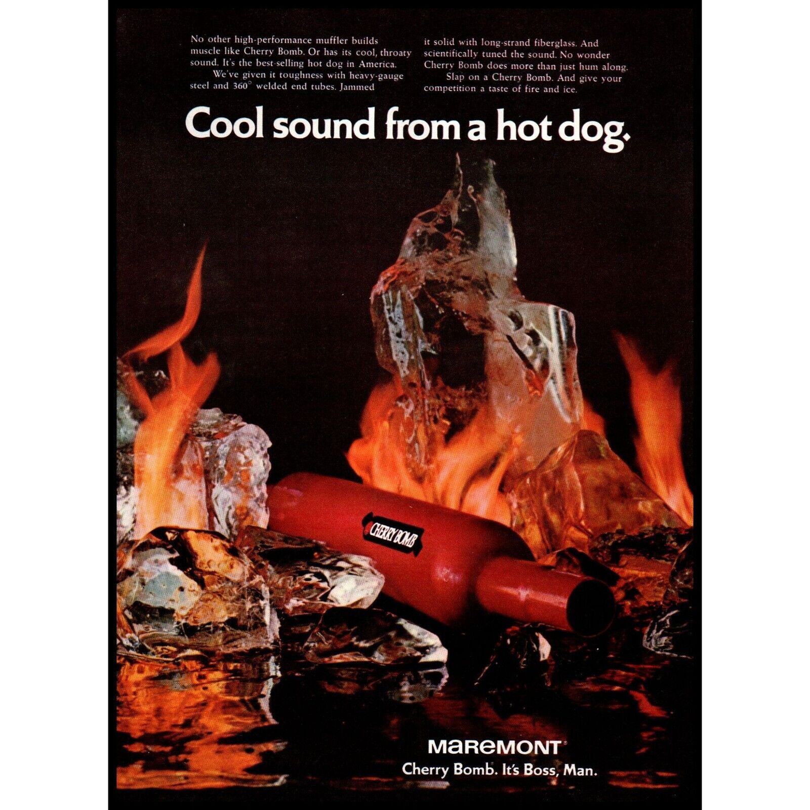 1971 Maremont Cherry Bomb Hot Dog Muffler Vintage Print Ad Fire & Ice Wall Art