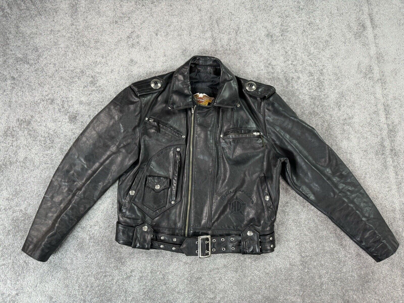 Harley Davidson Jacket Mens Large Black Heavy Leather Motorcycle Embroidered