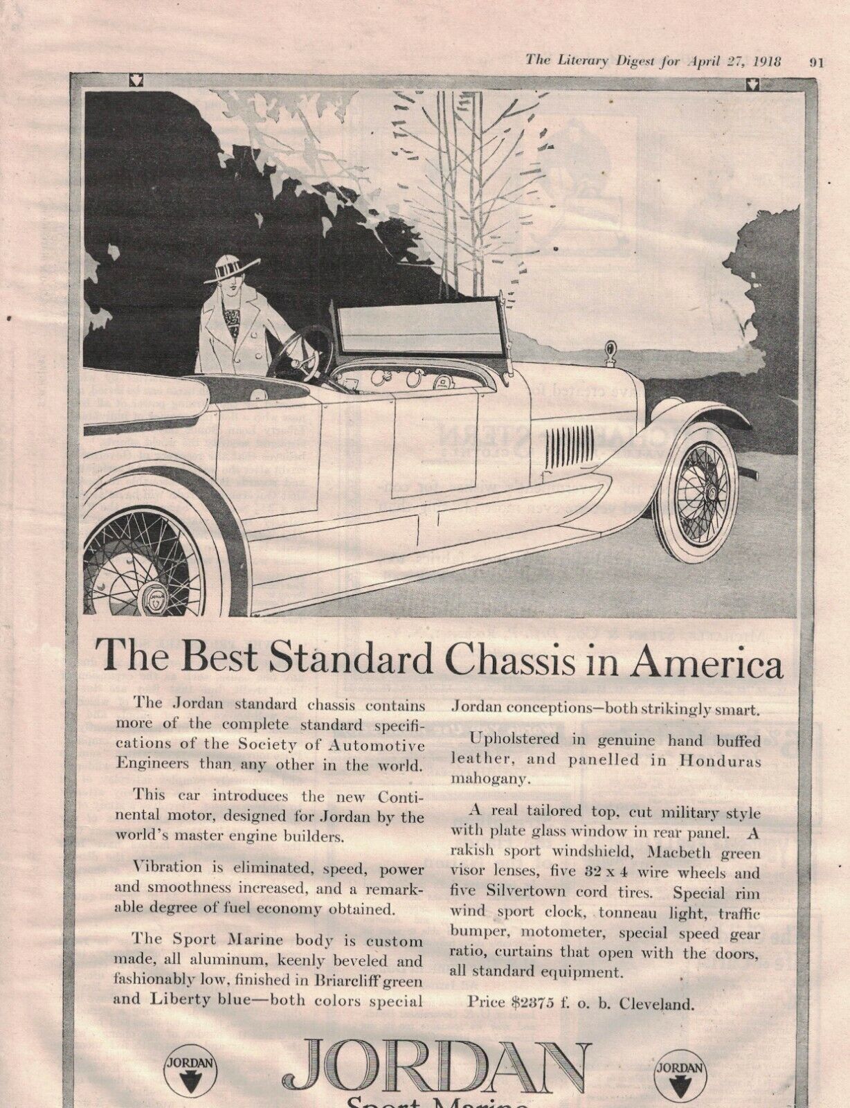 1918 Jordan Sport Marine Original ad - Best standard chassis in America - Rare