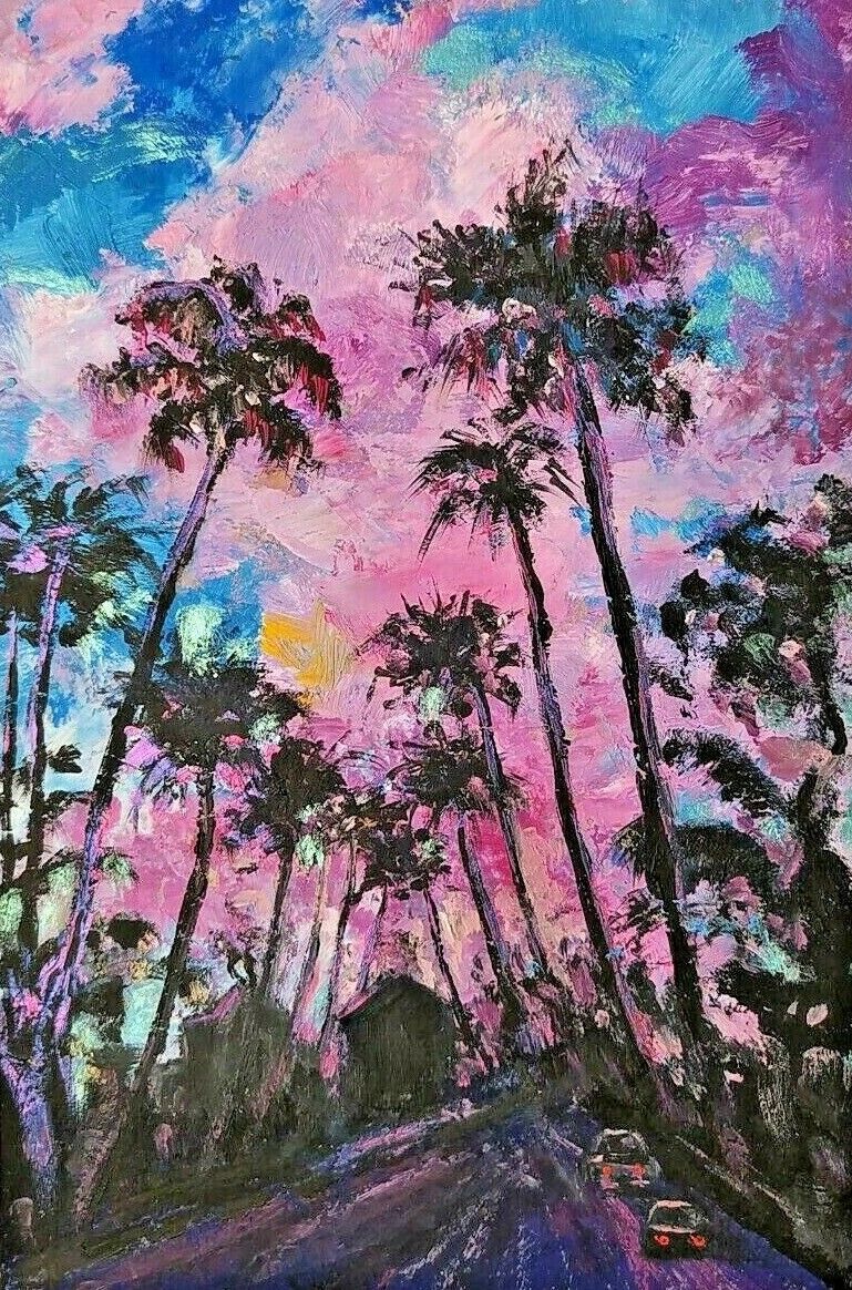 Ölbild Kunst Palmen California Miami Oil Painting beach Sunset ACEO Mini