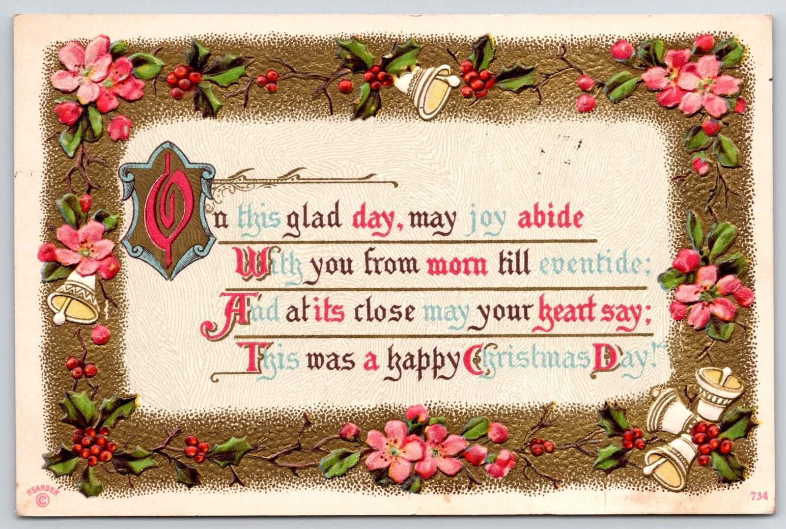 Christmas, Day Flower Framed Greetings Card 1914 Holiday, Vintage Postcard