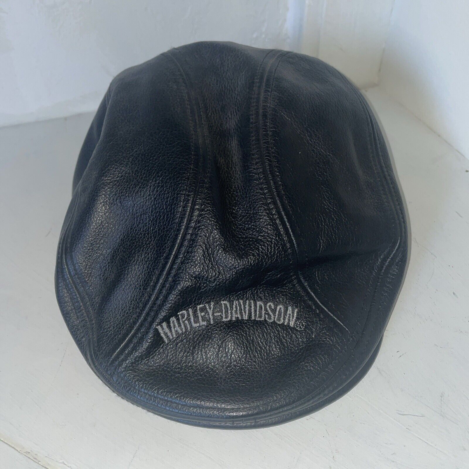 GENUINE Harley-Davidson Black Leather Biker Newsboy Cabbie Cap Hat Size Large