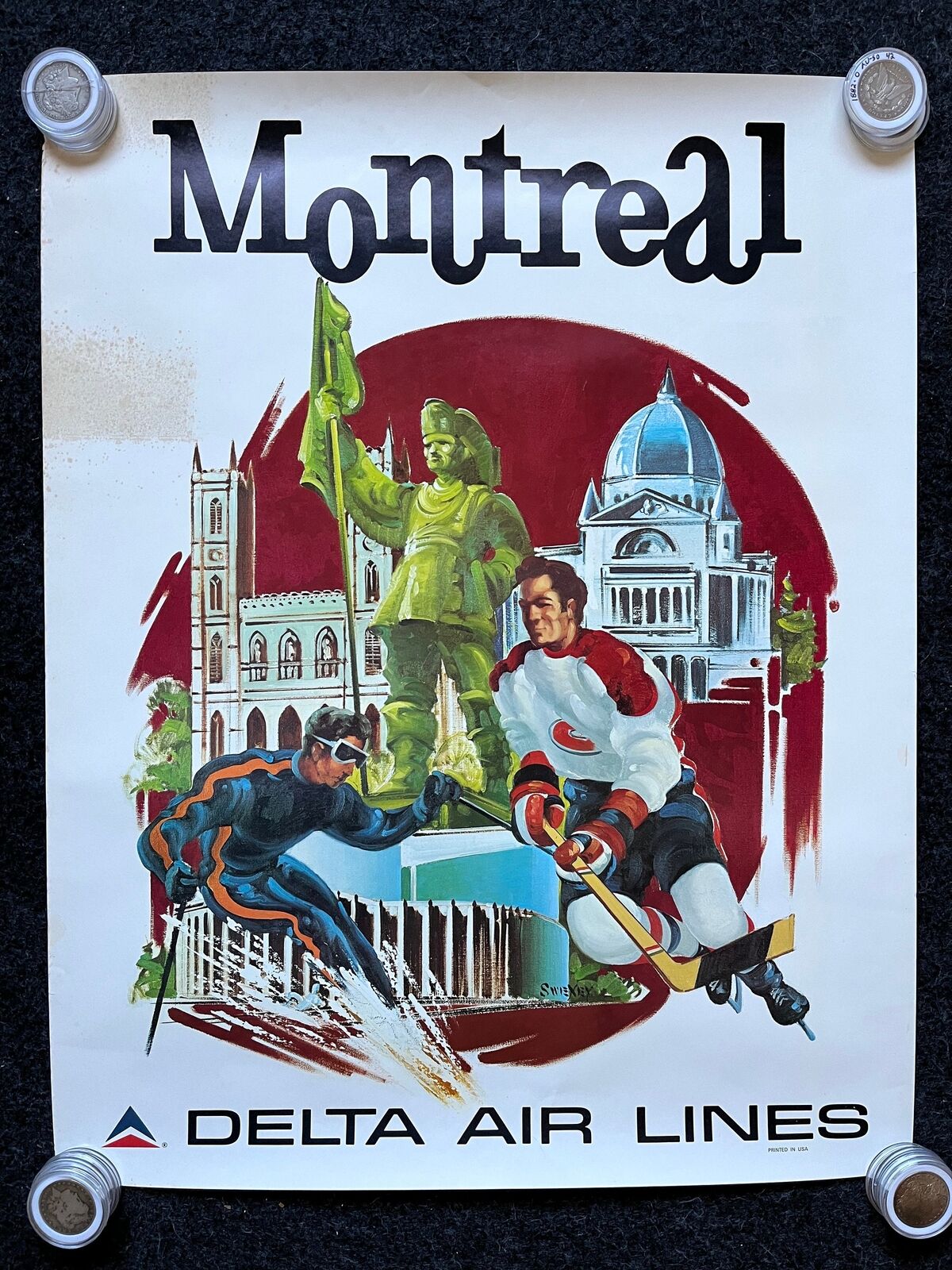 Original Montreal Canadian Travel Poster, Hockey Skiing Gifts, Vintage Aviation